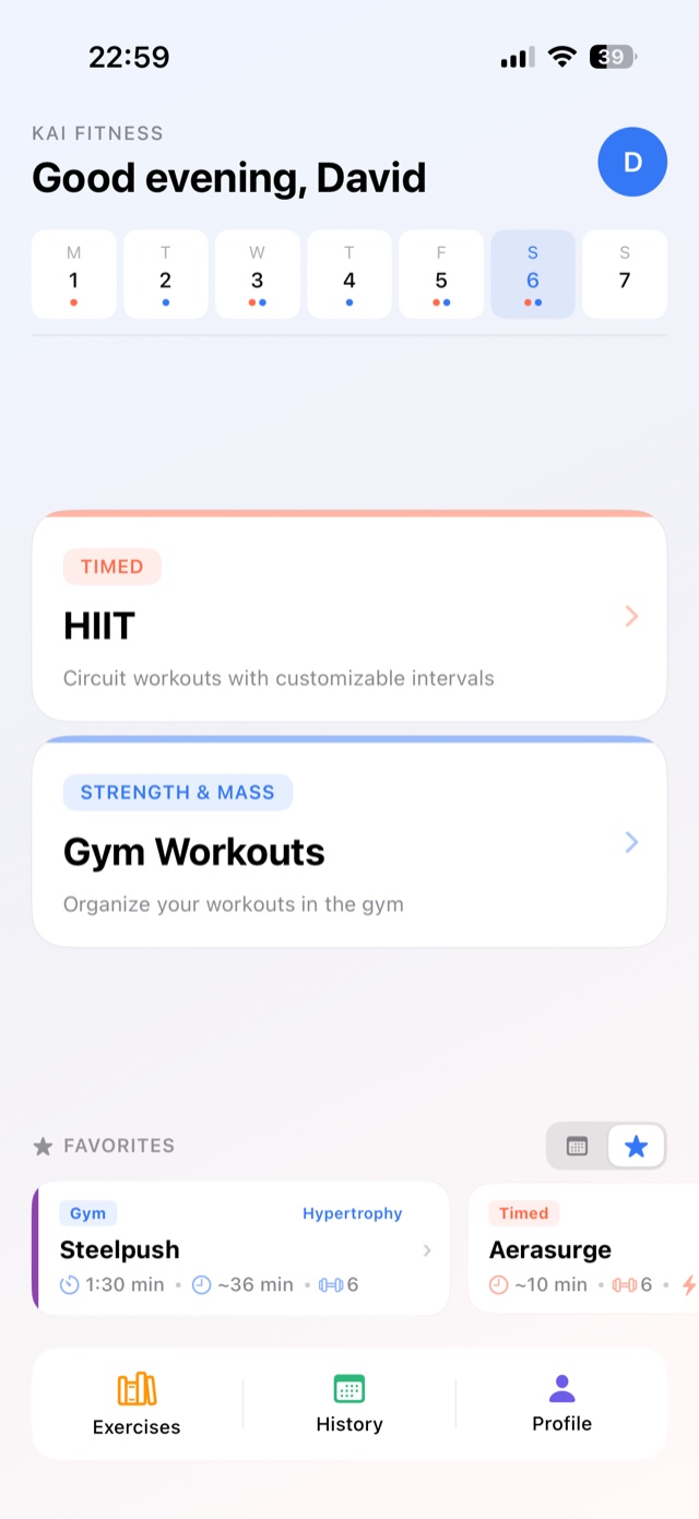 Home screen with the timed and gym workout cards