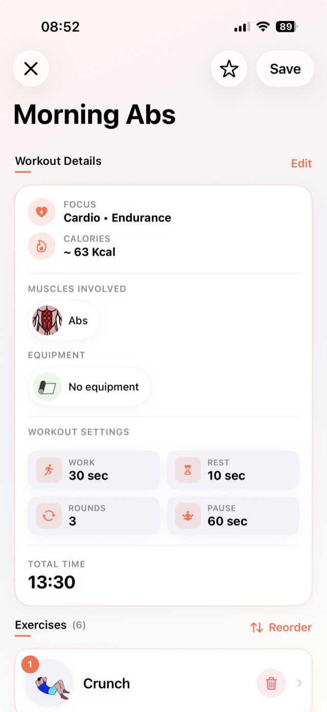 Custom workout editor with the list of exercises and their parameters