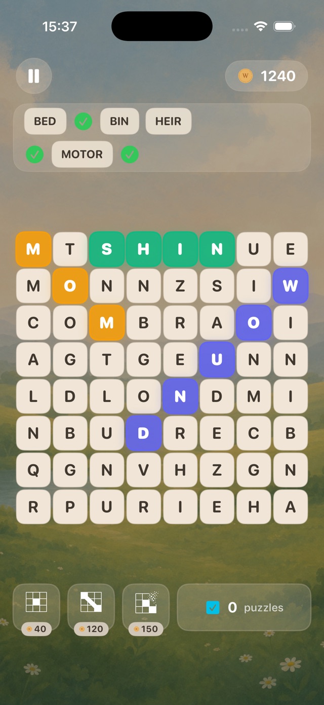 Word search grid in progress, with the word list ticking off and the hint buttons below