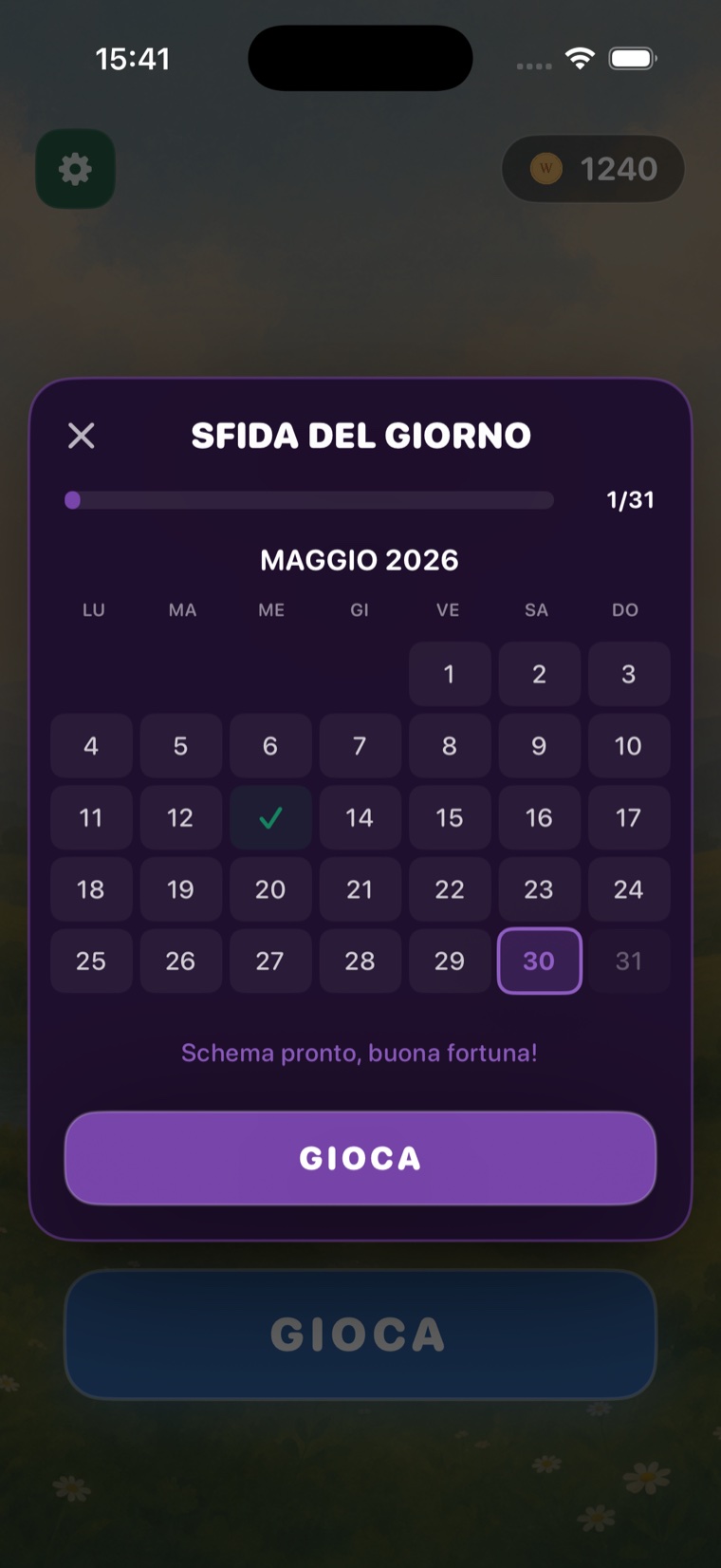 Calendario della sfida del giorno, con i giorni già completati