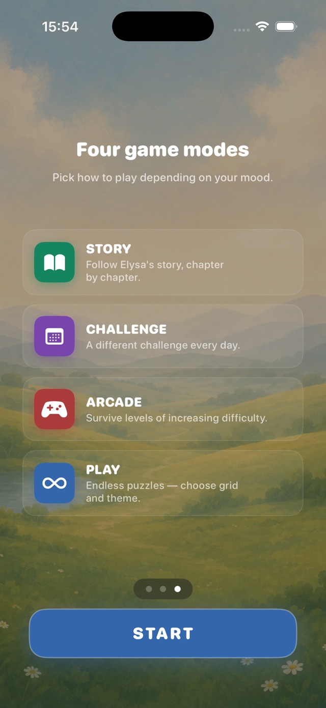 Screen presenting the four game modes: Story, Challenge, Arcade and Play