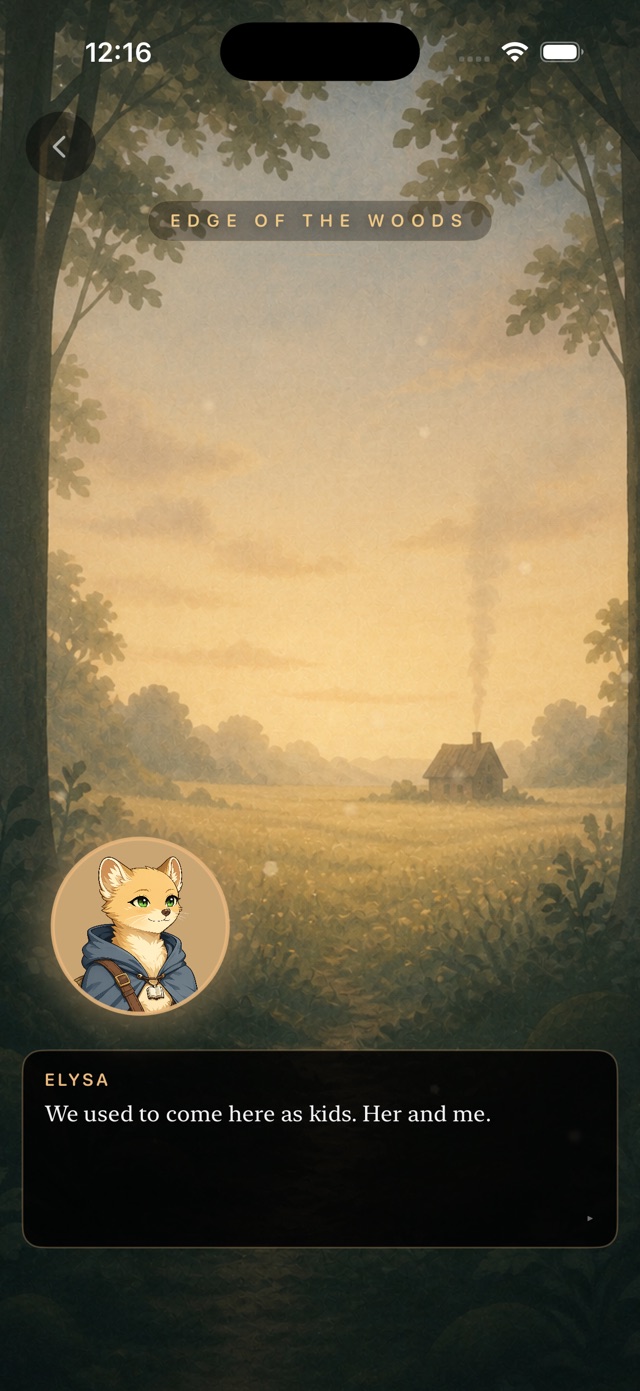 Illustrated story scene at the edge of the woods, with Elysa speaking